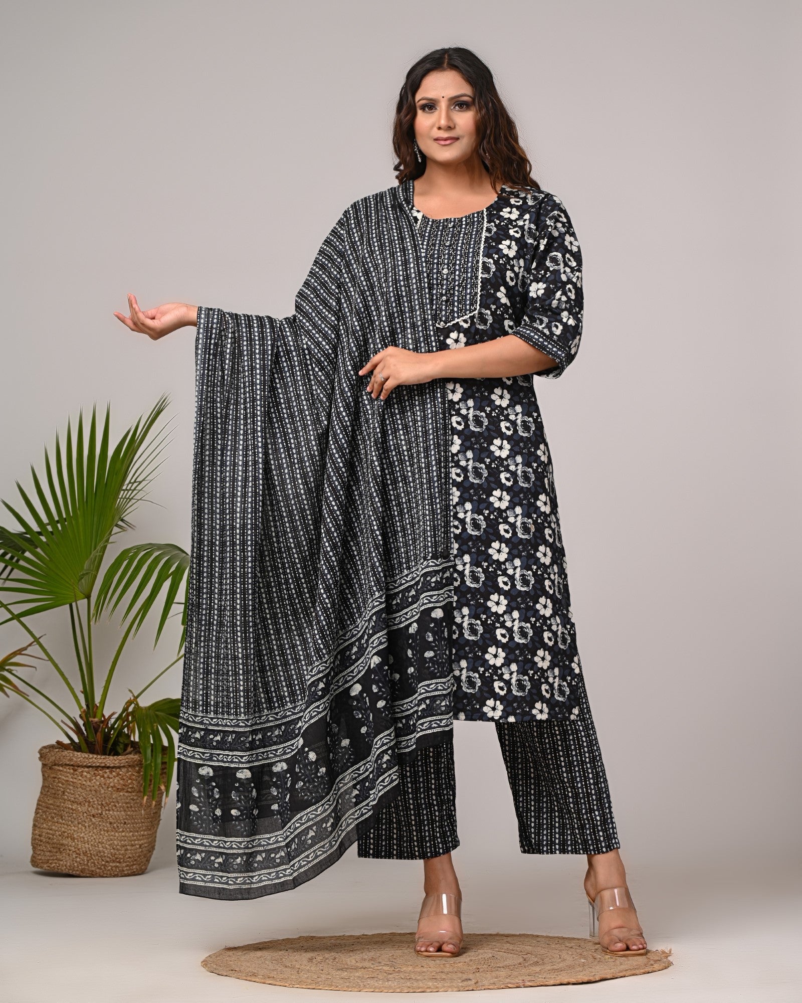 Plus Size Hand Work Black Cotton Printed Kurta Pant Set with Dupatta-800045