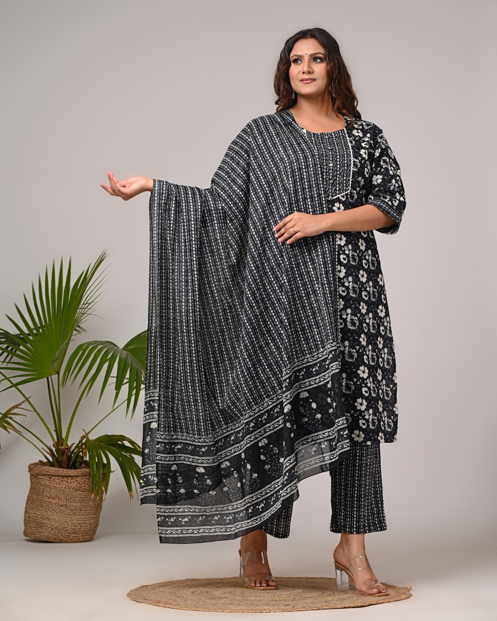 Plus Size Hand Work Black Cotton Printed Kurta Pant Set with Dupatta-800045 Main image