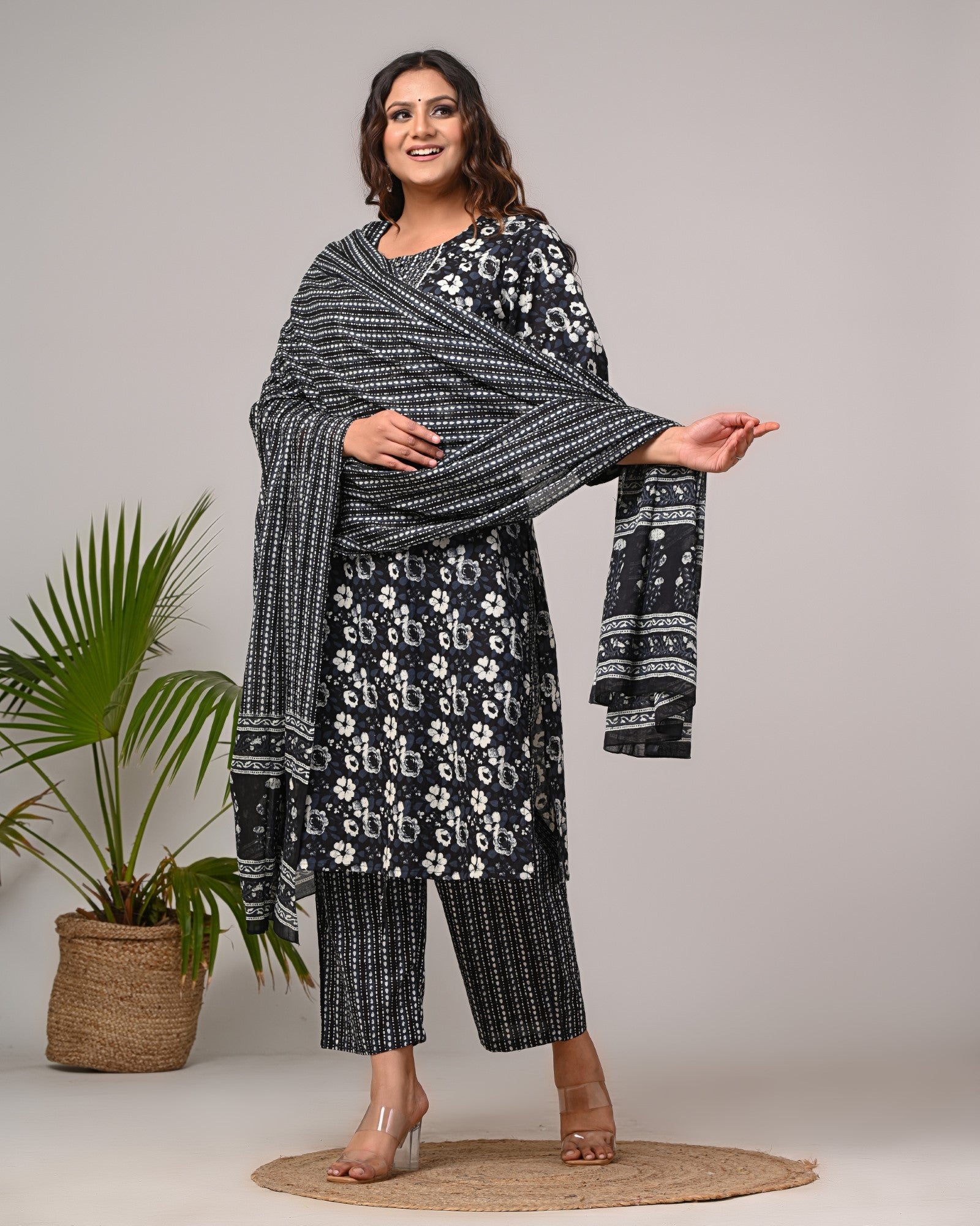 Plus Size Hand Work Black Cotton Printed Kurta Pant Set with Dupatta-800045 Secondary image