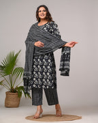 Plus Size Hand Work Black Cotton Printed Kurta Pant Set with Dupatta-800045