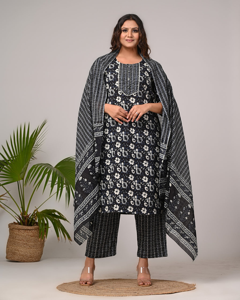 Plus Size Hand Work Black Cotton Printed Kurta Pant Set with Dupatta-800045