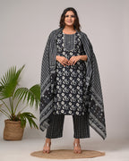 Plus Size Hand Work Black Cotton Printed Kurta Pant Set with Dupatta-800045