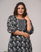 Plus Size Hand Work Black Cotton Printed Kurta Pant Set with Dupatta-800045