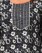 Plus Size Hand Work Black Cotton Printed Kurta Pant Set with Dupatta-800045