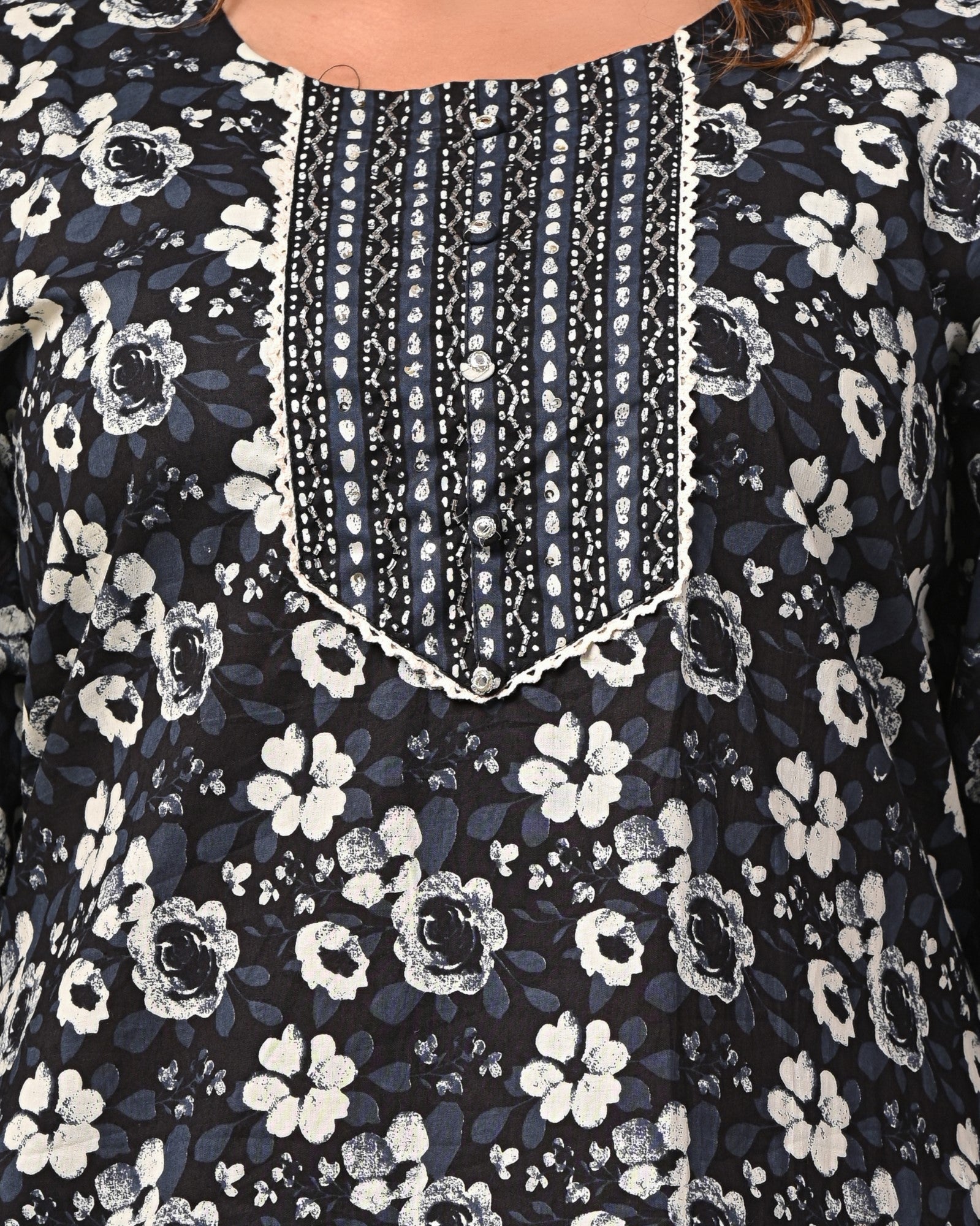 Plus Size Hand Work Black Cotton Printed Kurta Pant Set with Dupatta-800045