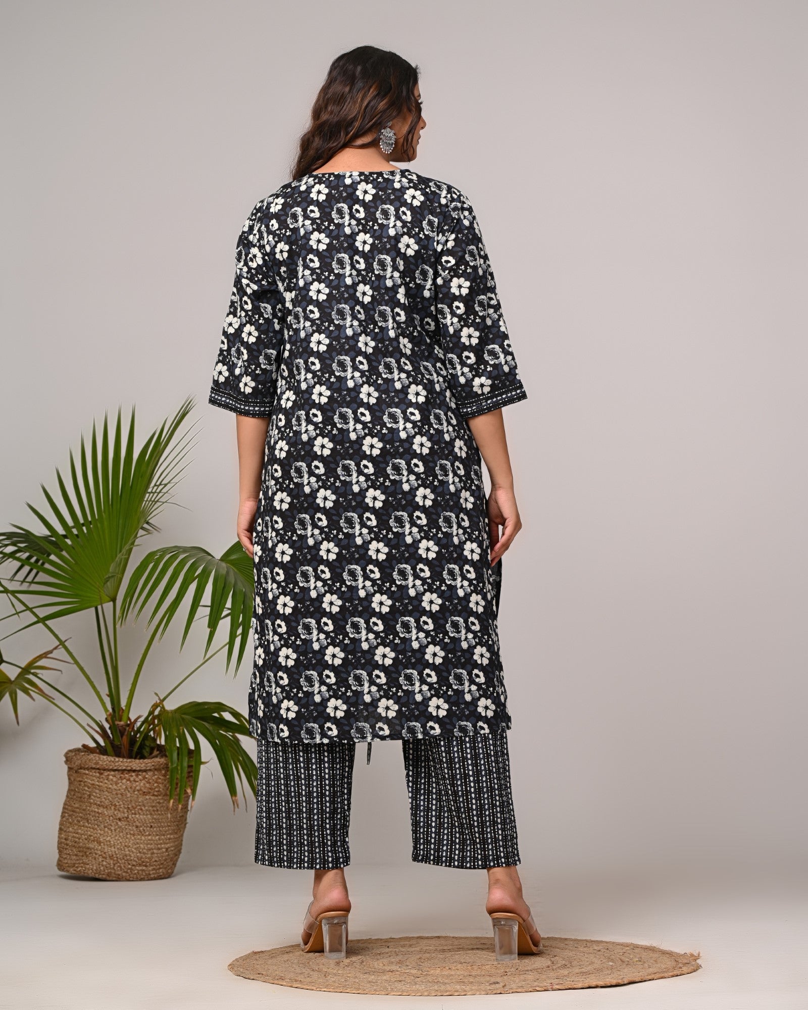 Plus Size Hand Work Black Cotton Printed Kurta Pant Set with Dupatta-800045