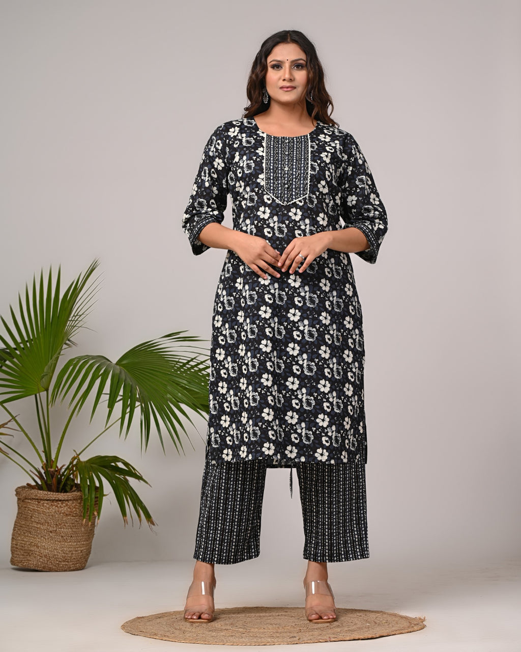Plus Size Hand Work Black Cotton Printed Kurta Pant Set with Dupatta-800045