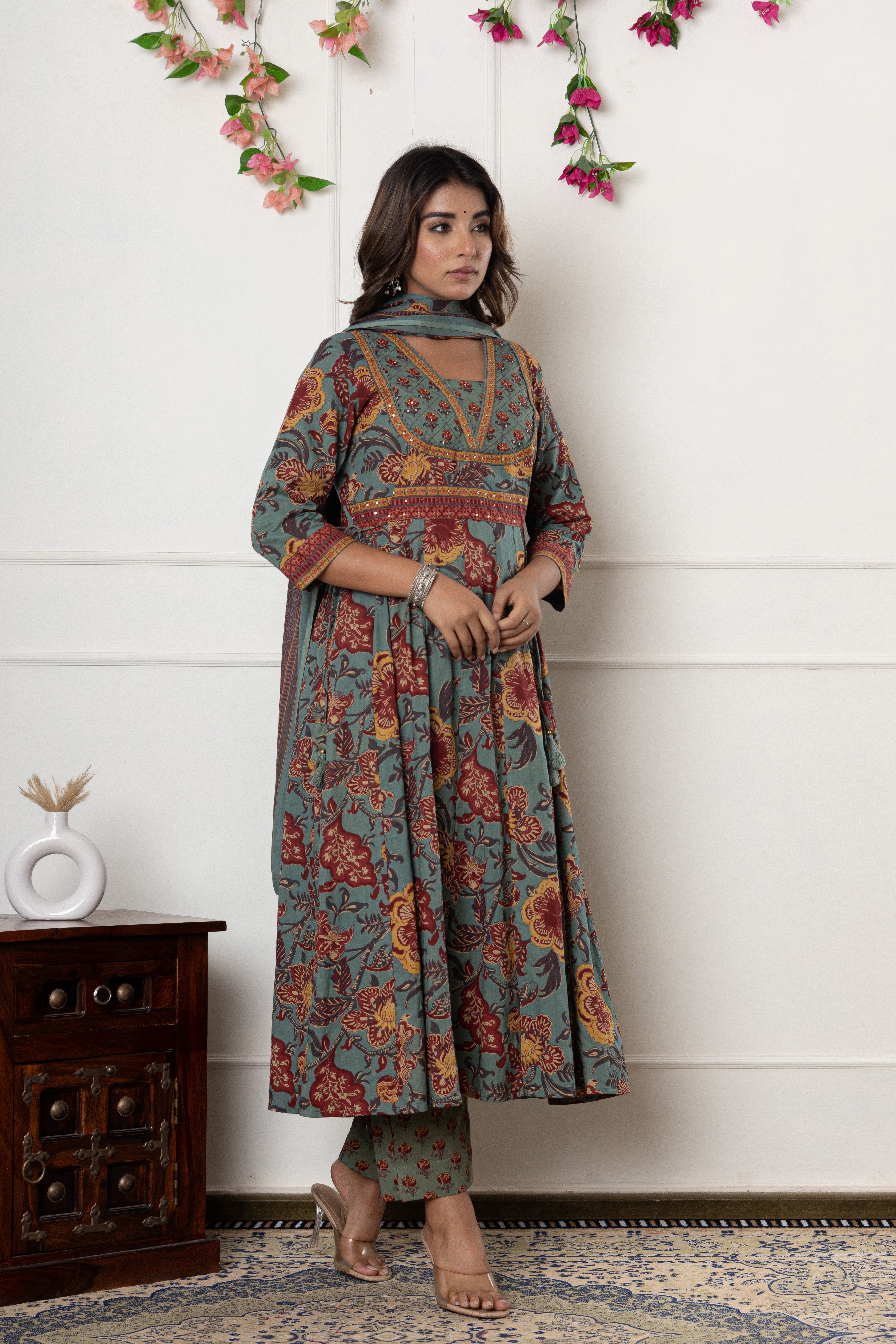 Green Cotton Anarkali Kurta Pant Set With Dupatta-800098