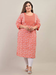 Plus Size Peach Cotton Floral Print Straight Kurta-583