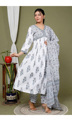 Grey Cotton Printed Kurta Pant Set with Dupatta-2347