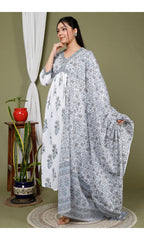 Grey Cotton Printed Kurta Pant Set with Dupatta-2347