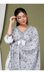 Grey Cotton Printed Kurta Pant Set with Dupatta-2347