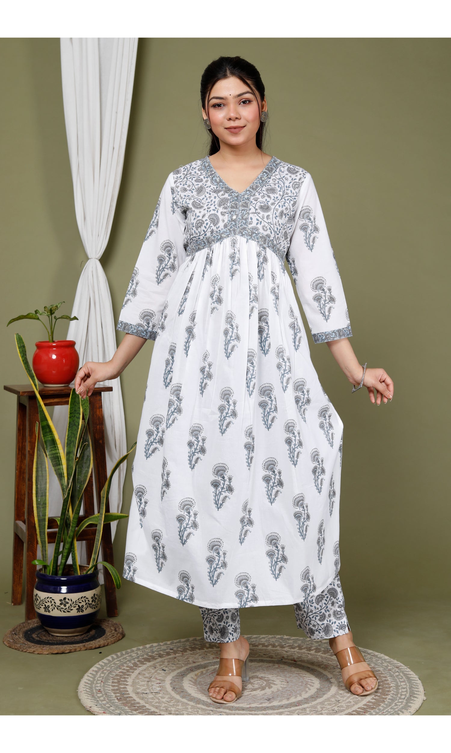 Grey Cotton Printed Kurta Pant Set with Dupatta-2347