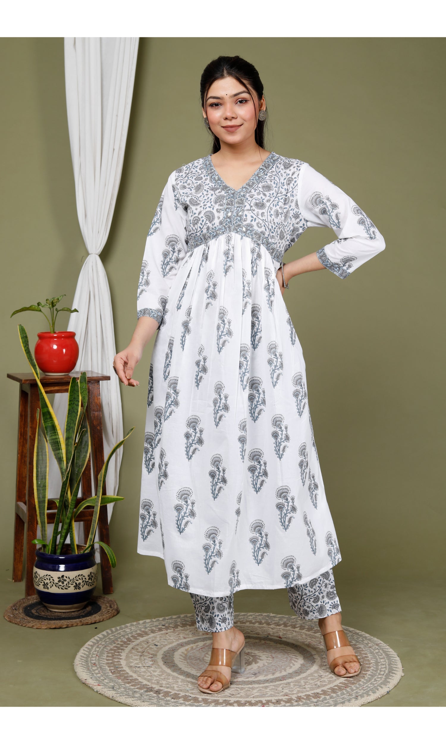 Grey Cotton Printed Kurta Pant Set with Dupatta-2347