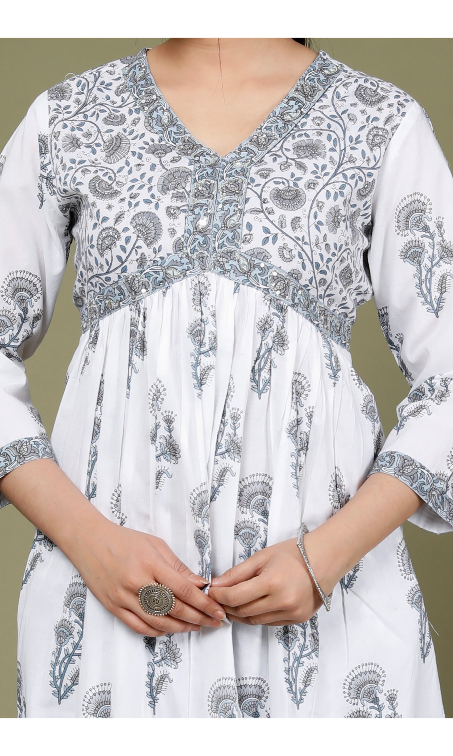 Grey Cotton Printed Kurta Pant Set with Dupatta-2347
