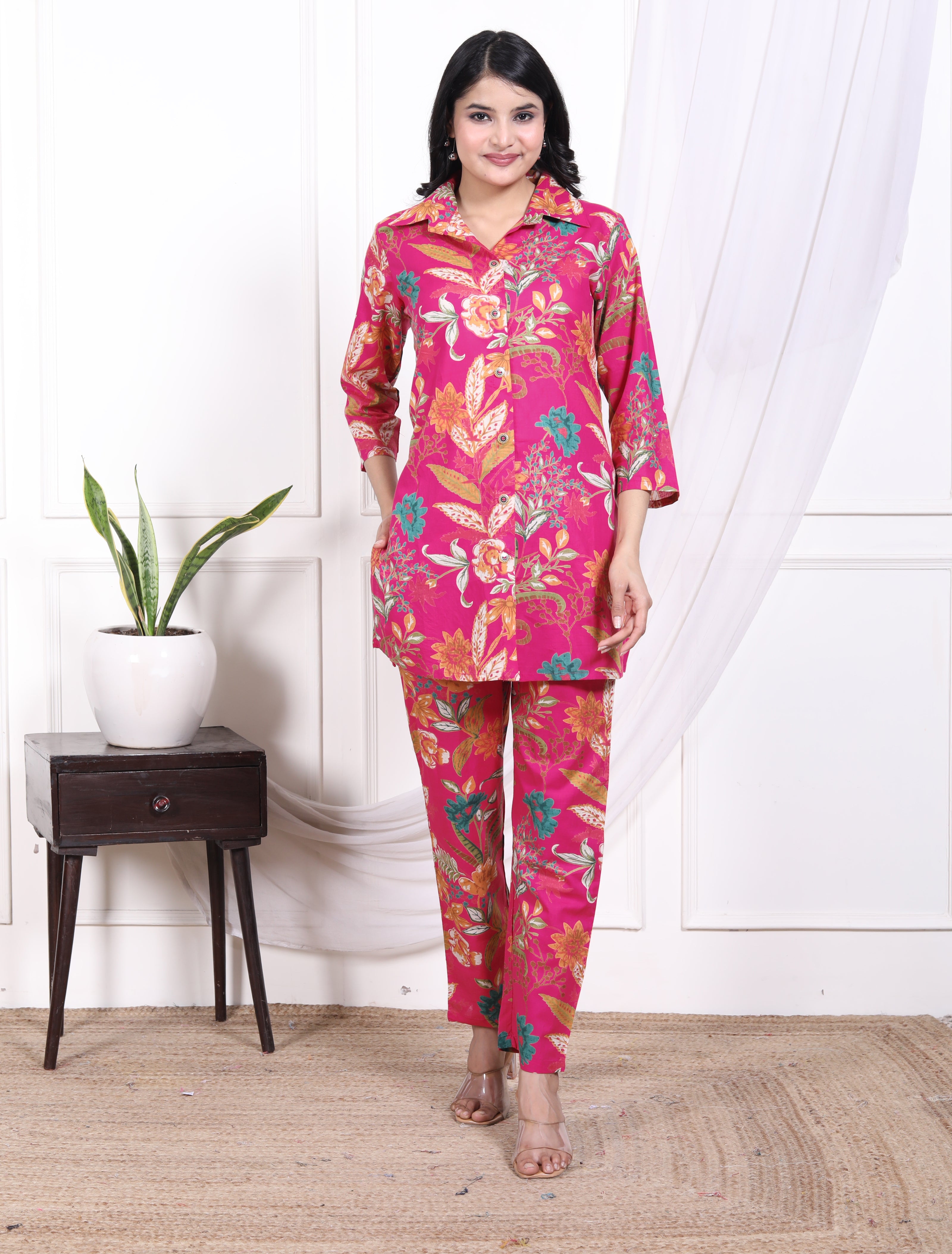 Regular Size Pink Cotton Floral Print Co-ord Set -AX-120017