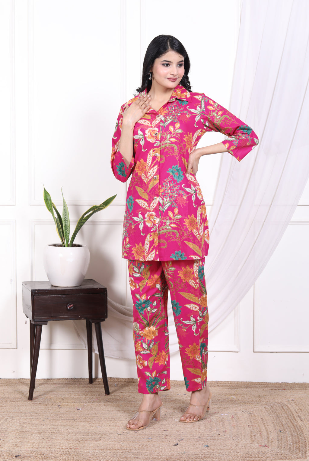 Regular Size Pink Cotton Floral Print Co-ord Set -AX-120017