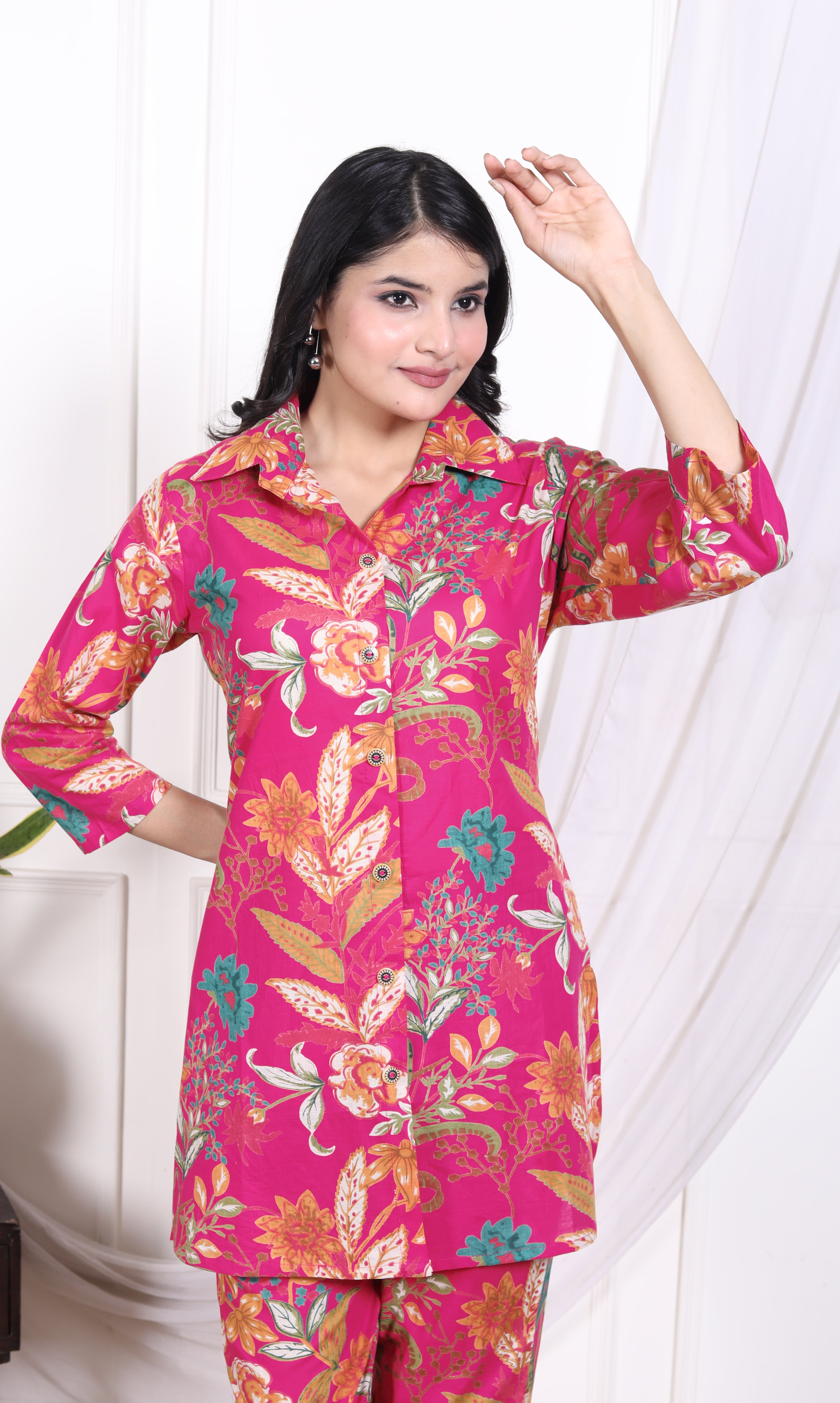 Regular Size Pink Cotton Floral Print Co-ord Set -AX-120017