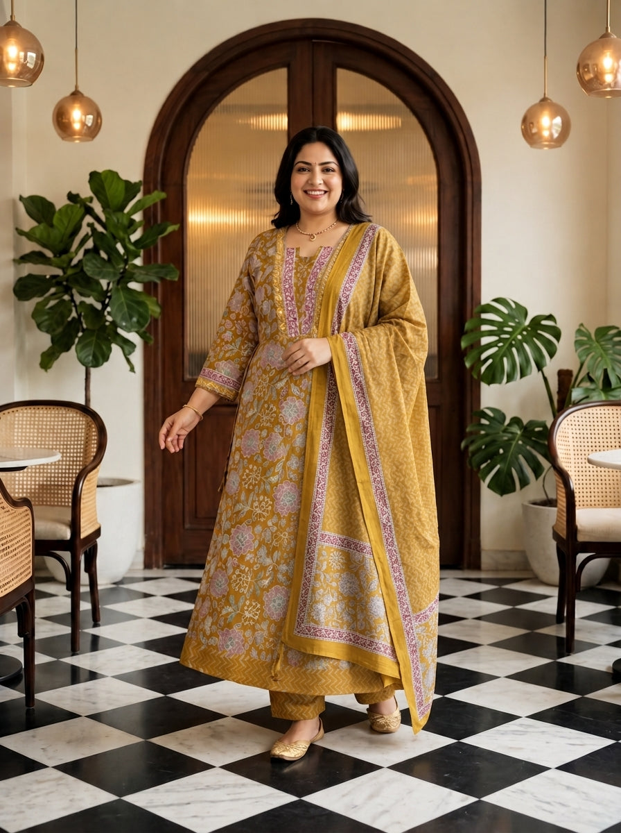 Mustard Embroidered  Anarkali Pant Set with Dupatta-230006