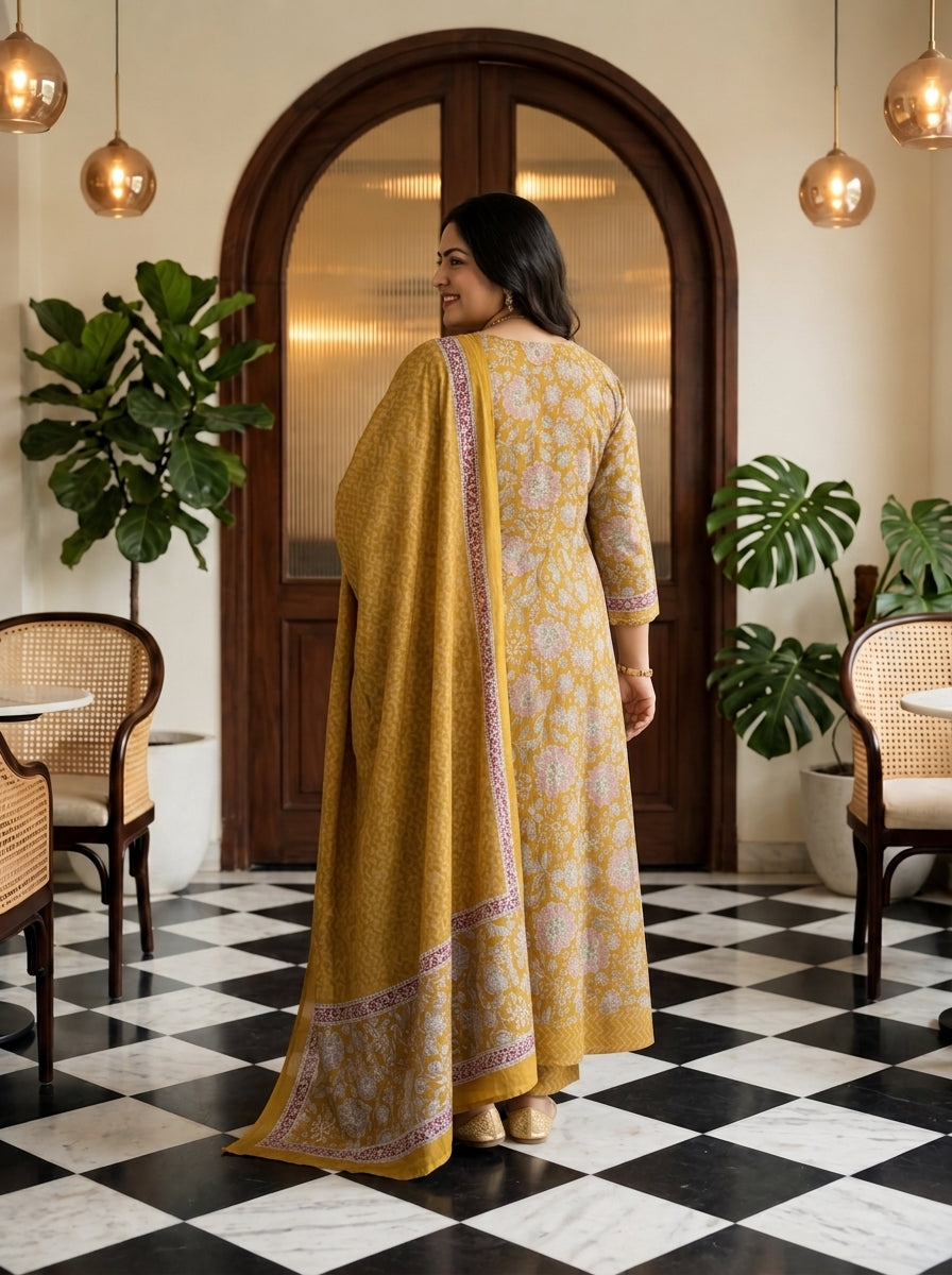 Mustard Embroidered  Anarkali Pant Set with Dupatta-230006