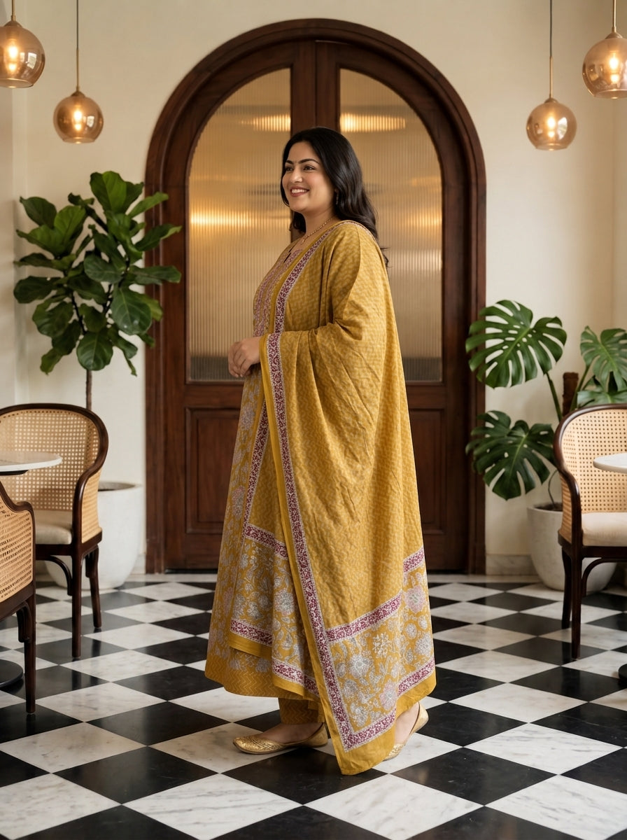 Mustard Embroidered  Anarkali Pant Set with Dupatta-230006