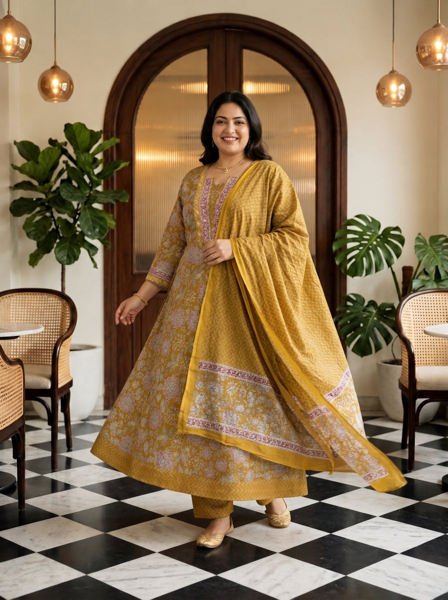 Mustard Embroidered  Anarkali Pant Set with Dupatta-230006