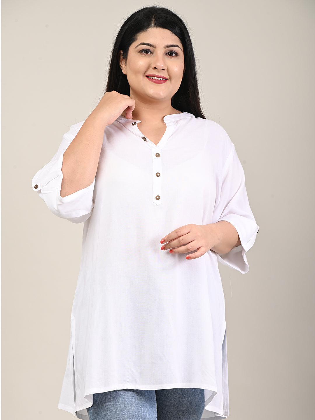 White Cotton Blend Floral Print Short Kurta-300607