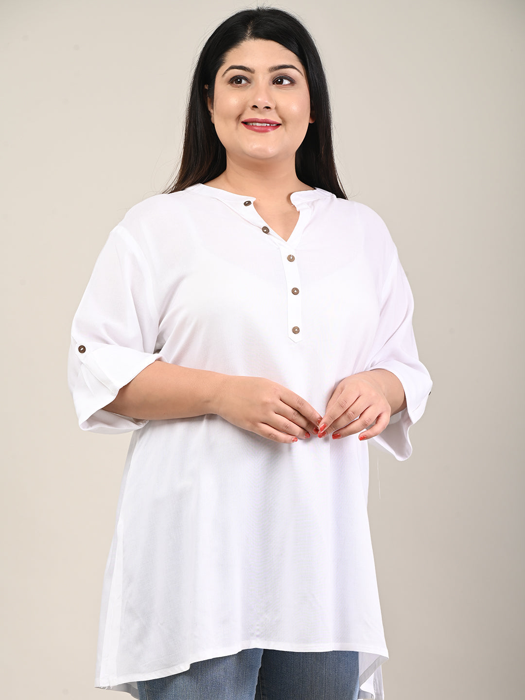 White Cotton Blend Floral Print Short Kurta-300607