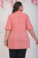 Plus Size Peach Cotton Floral Print Short Kurta-695