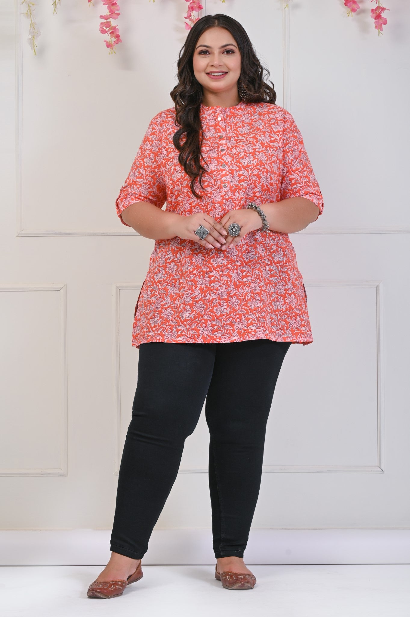 Plus Size Peach Cotton Floral Print Short Kurta-695 Main image