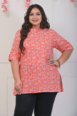 Plus Size Peach Cotton Floral Print Short Kurta-695