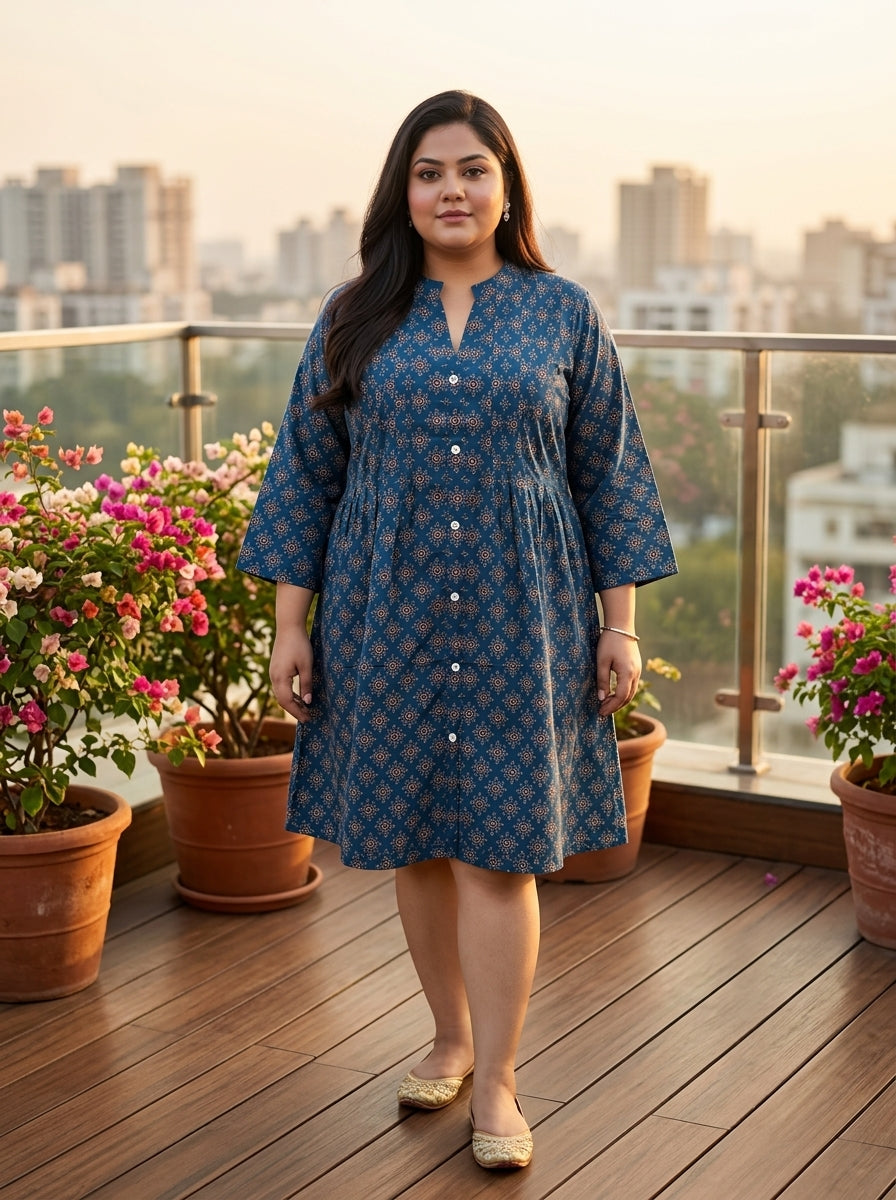 Printed Plus Size Blue Tunic Dress-130043