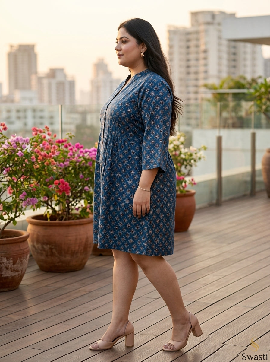 Printed Plus Size Blue Tunic Dress-130043