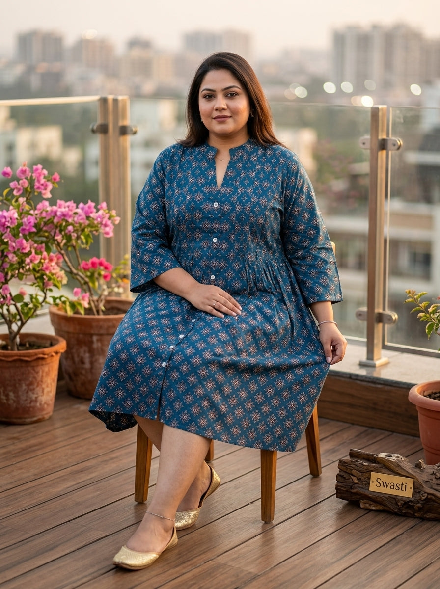 Printed Plus Size Blue Tunic Dress-130043