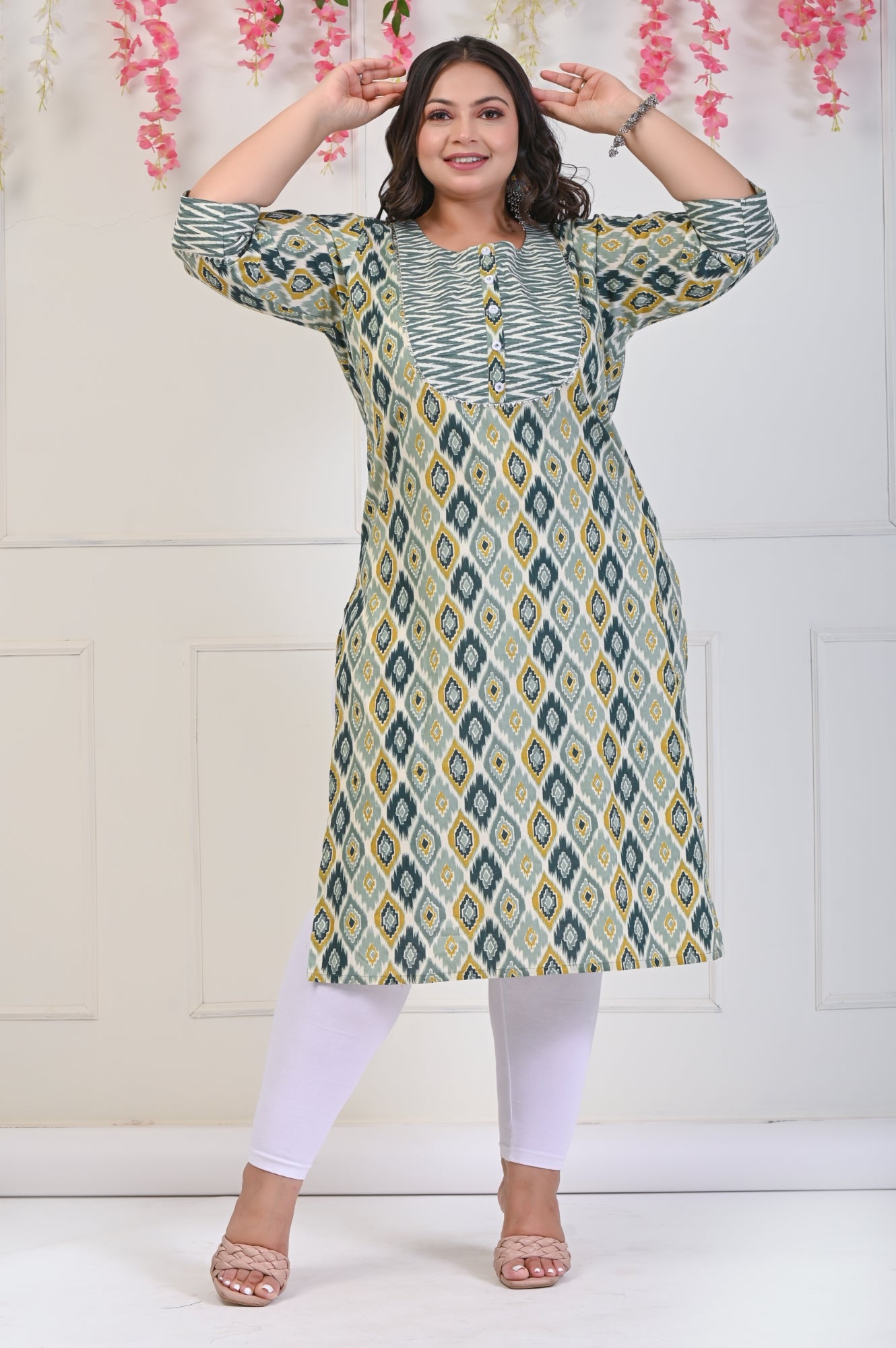 Plus Size Green Cotton Floral Print Straight Kurta-706