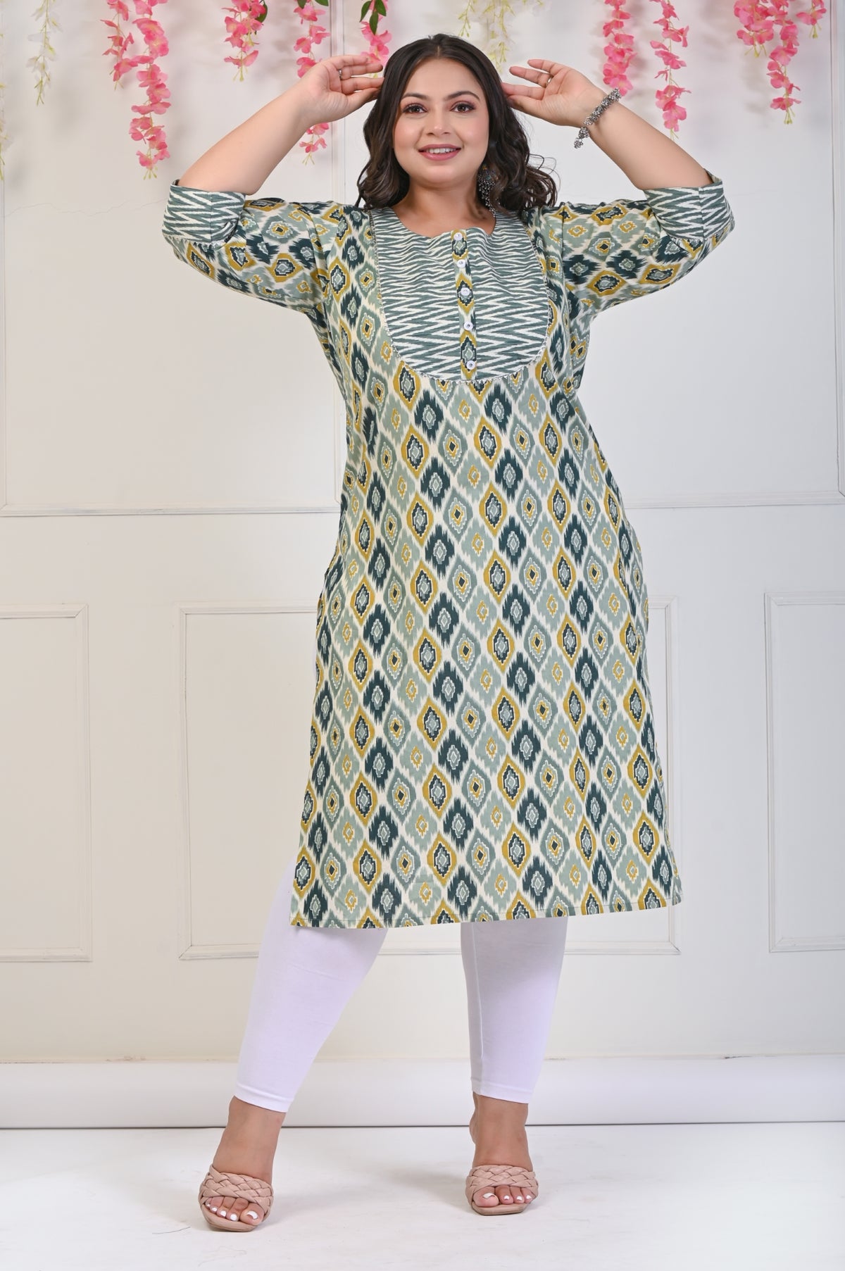 Plus Size Green Cotton Floral Print Straight Kurta-706