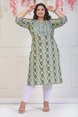 Plus Size Green Cotton Floral Print Straight Kurta-706