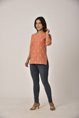 Peach Cotton Ikat Print Short Kurta-452