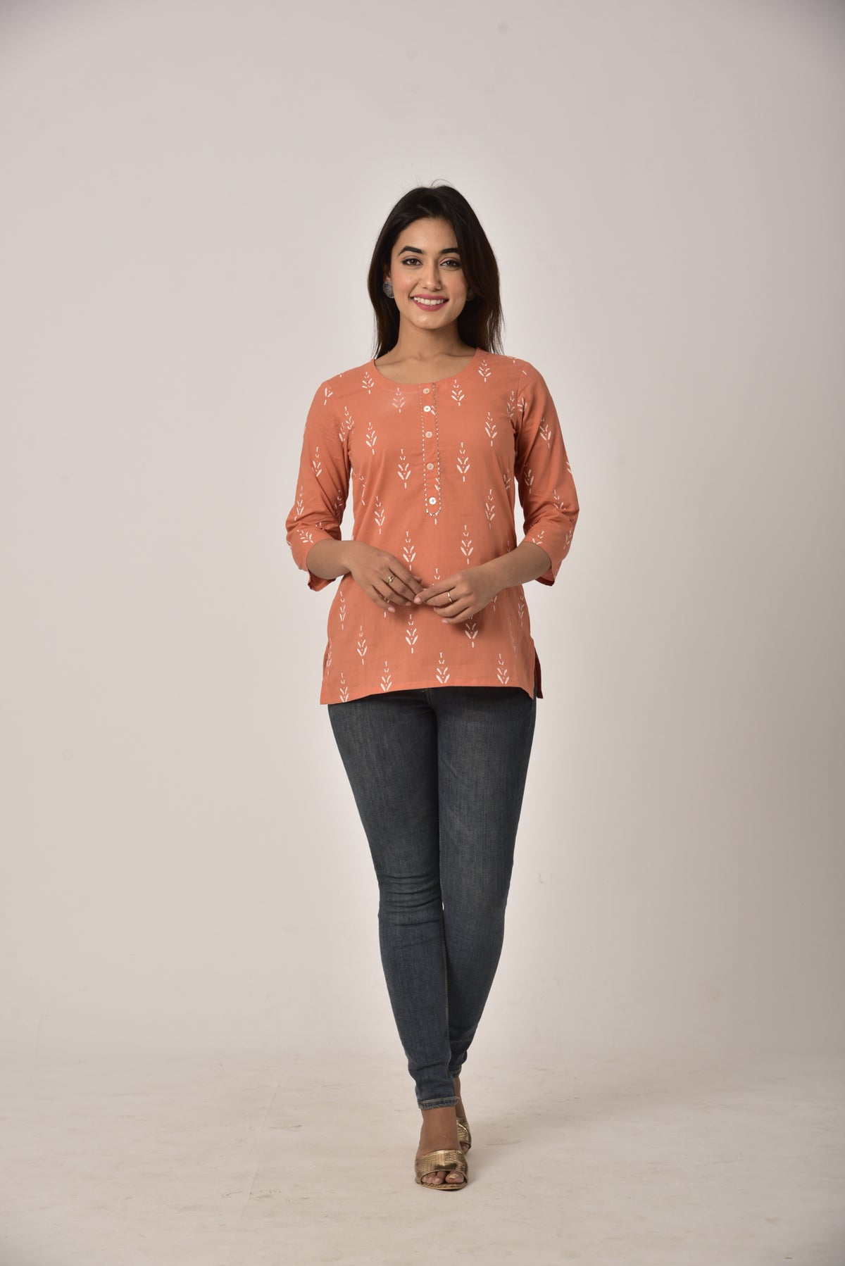 Peach Cotton Ikat Print Short Kurta-452