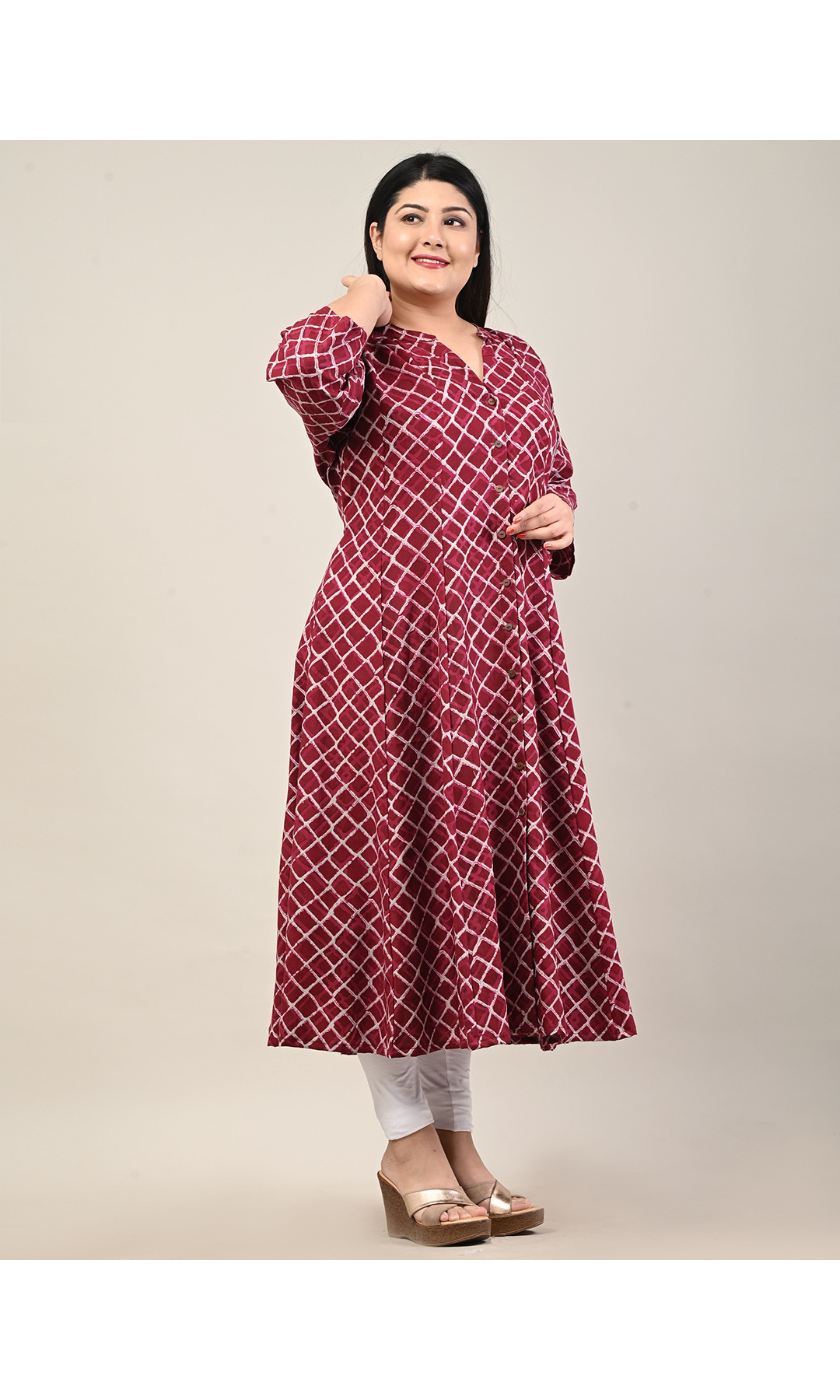 Plus Size Maroon Cotton Blend  Print Aline Kurta-601
