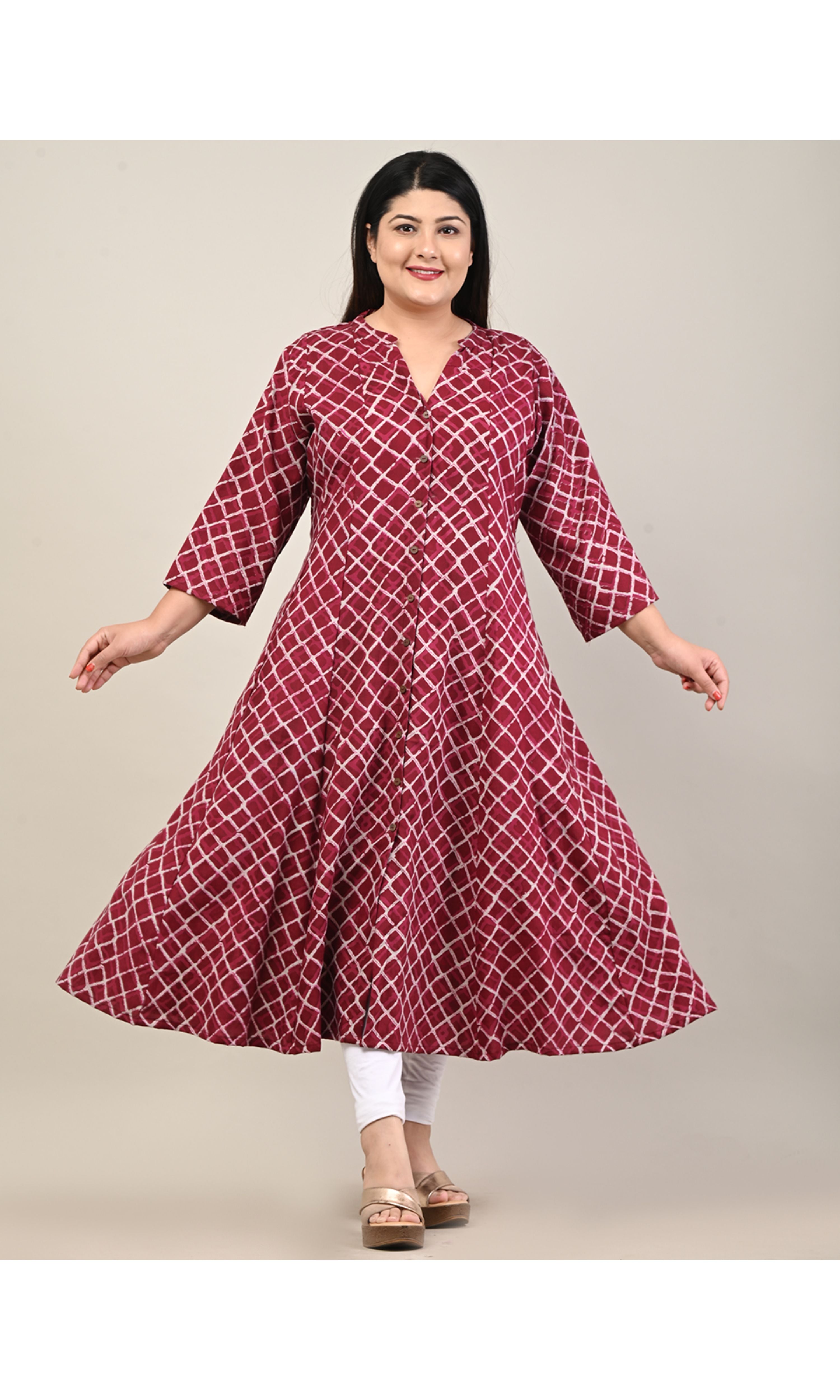 Plus Size Maroon Cotton Blend  Print Aline Kurta-601