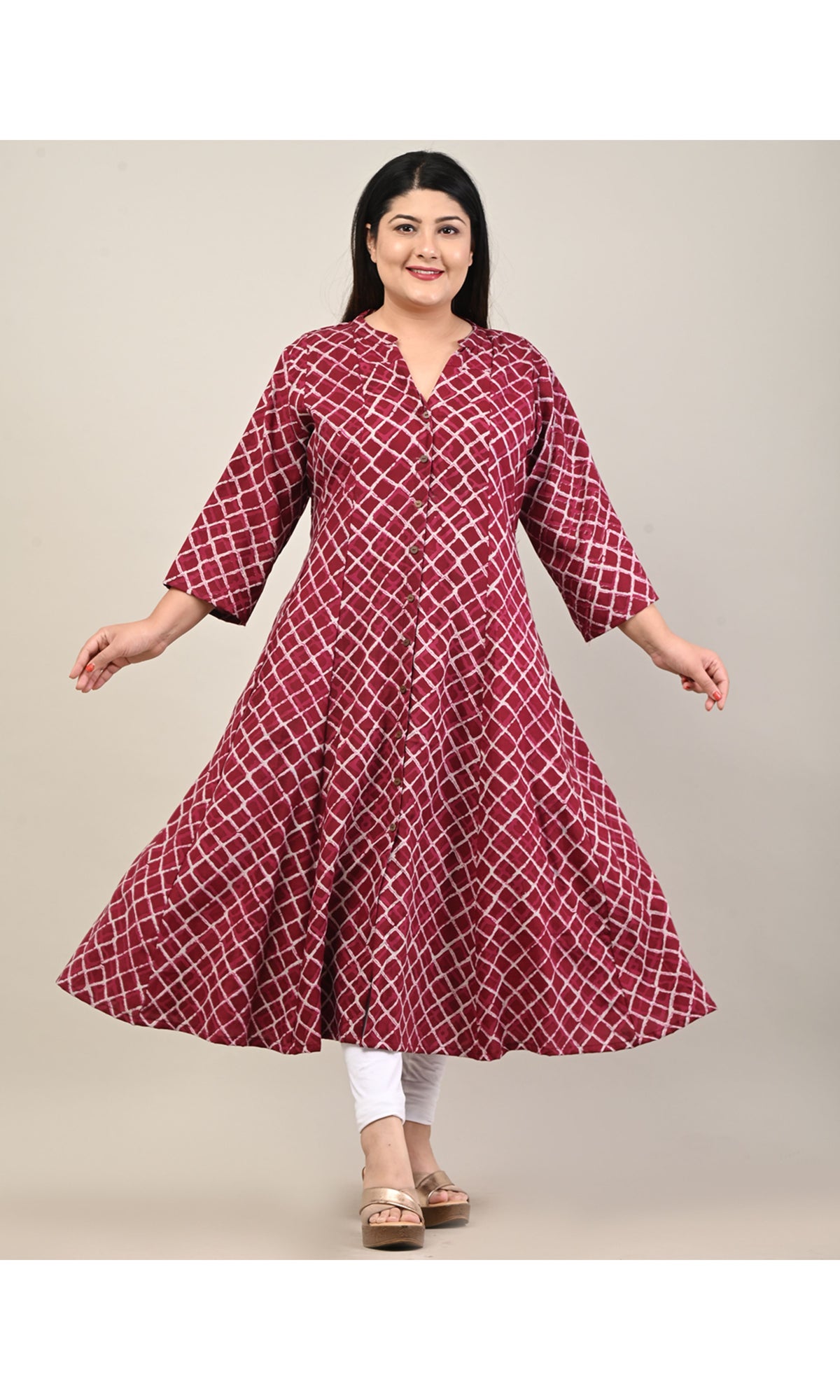 Plus Size Maroon Cotton Blend  Print Aline Kurta-601