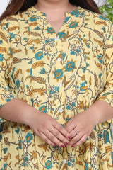 Plus Size Yellow Floral Print Flared Long Kurta-713
