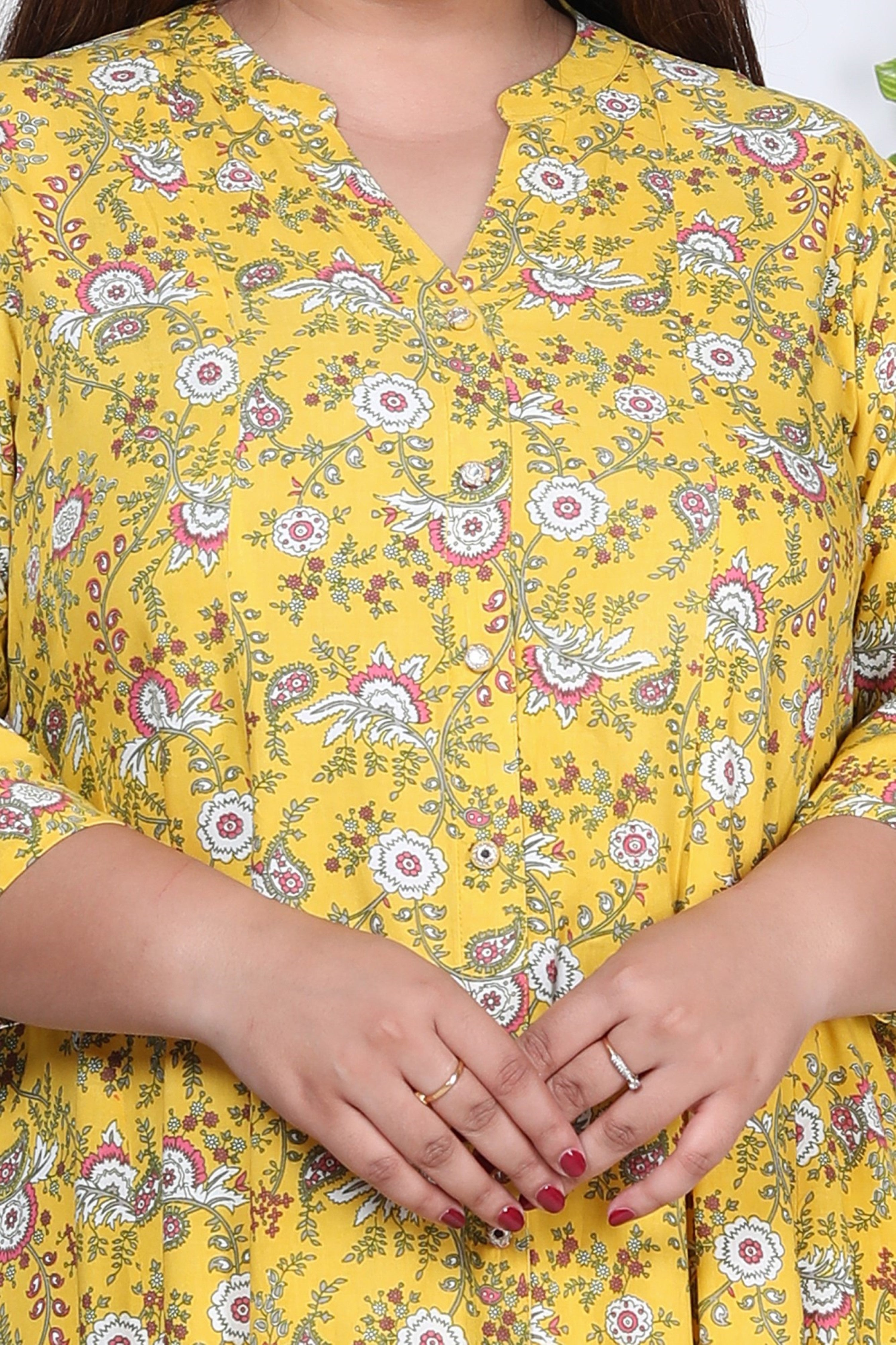 Plus Size Yellow Floral Print Flared Long Kurta-717