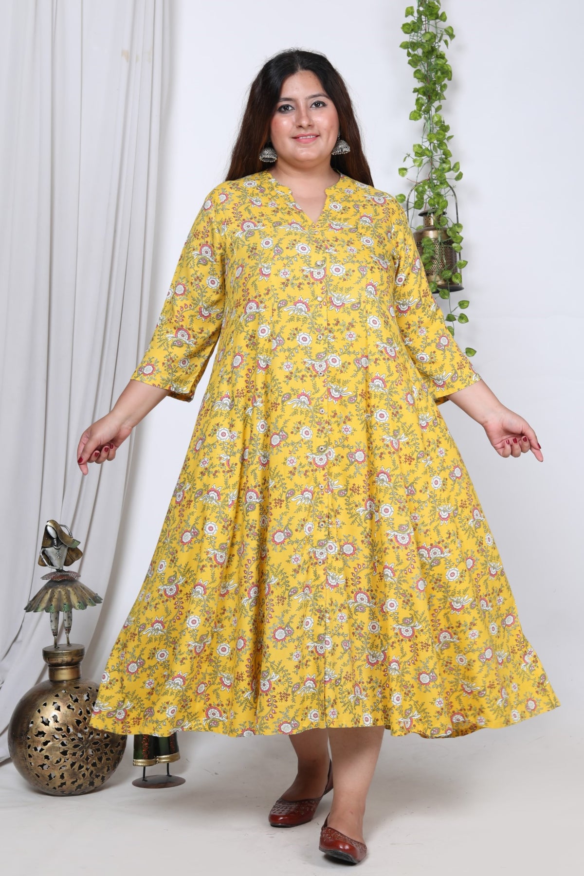 Plus Size Yellow Floral Print Flared Long Kurta-717