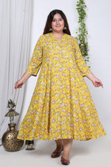 Plus Size Yellow Floral Print Flared Long Kurta-717