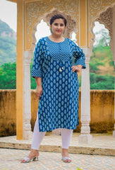 Plus Size Blue Cotton Block Print Straight Kurta-308