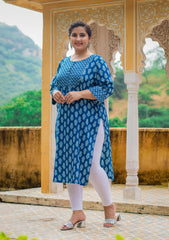 Plus Size Blue Cotton Block Print Straight Kurta-308