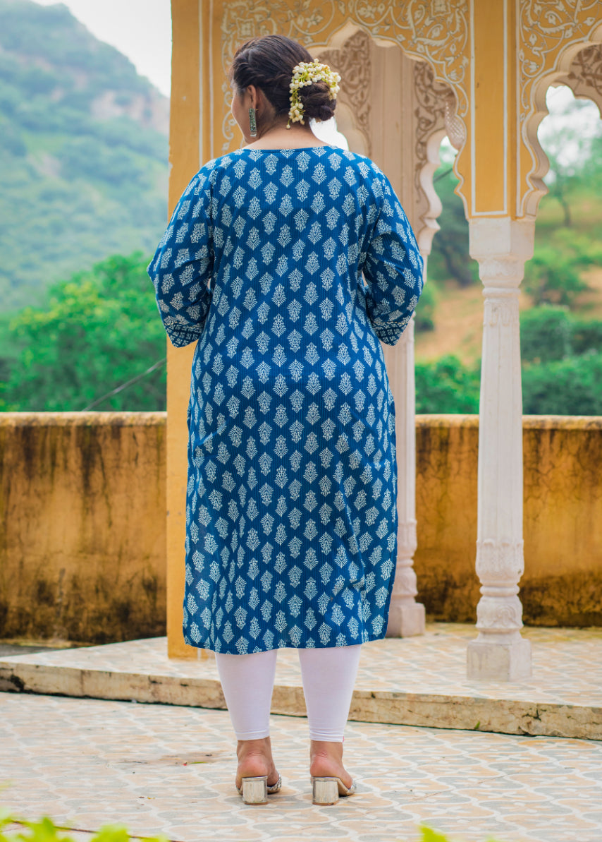 Plus Size Blue Cotton Block Print Straight Kurta-308