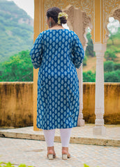 Plus Size Blue Cotton Block Print Straight Kurta-308